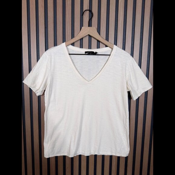 Theory T Shirt Medium Womens Ivory Short Sleeve V Neck Cotton Tee - Picture 1 of 6